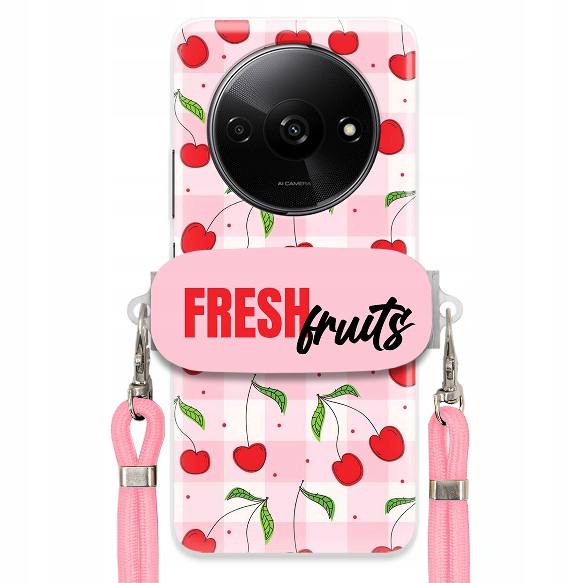 Pouzdro pro Xiaomi Redmi A3 4G Case Držák Šňůrky Růžová Fresh Fruits Mřížka