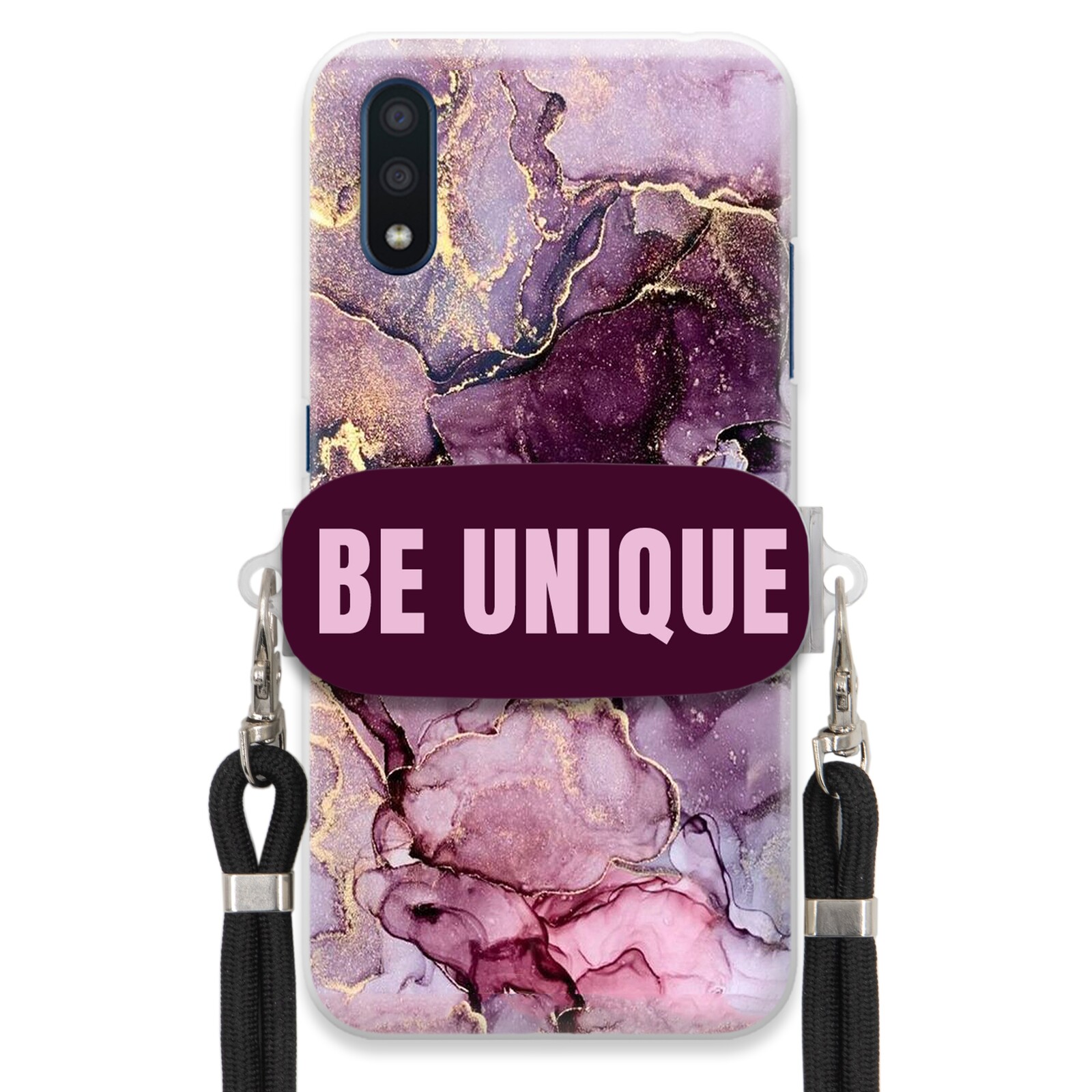 Pouzdro Premium pro Samsung A01 Case úchytka na šňůrku, černý fialový mramor