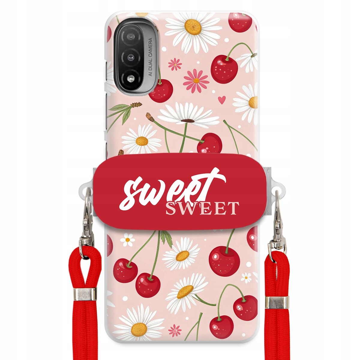 Pouzdro pro Motorola E20 Červené vodítko držák Crossbody Sweet Višňový Květ