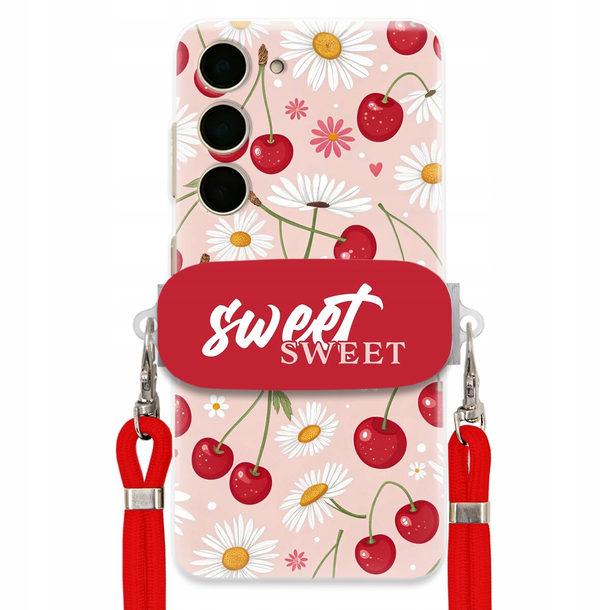 Pouzdro pro Samsung S24 Červené vodítko držák Sweet Sweet Višeň a sedmikráska