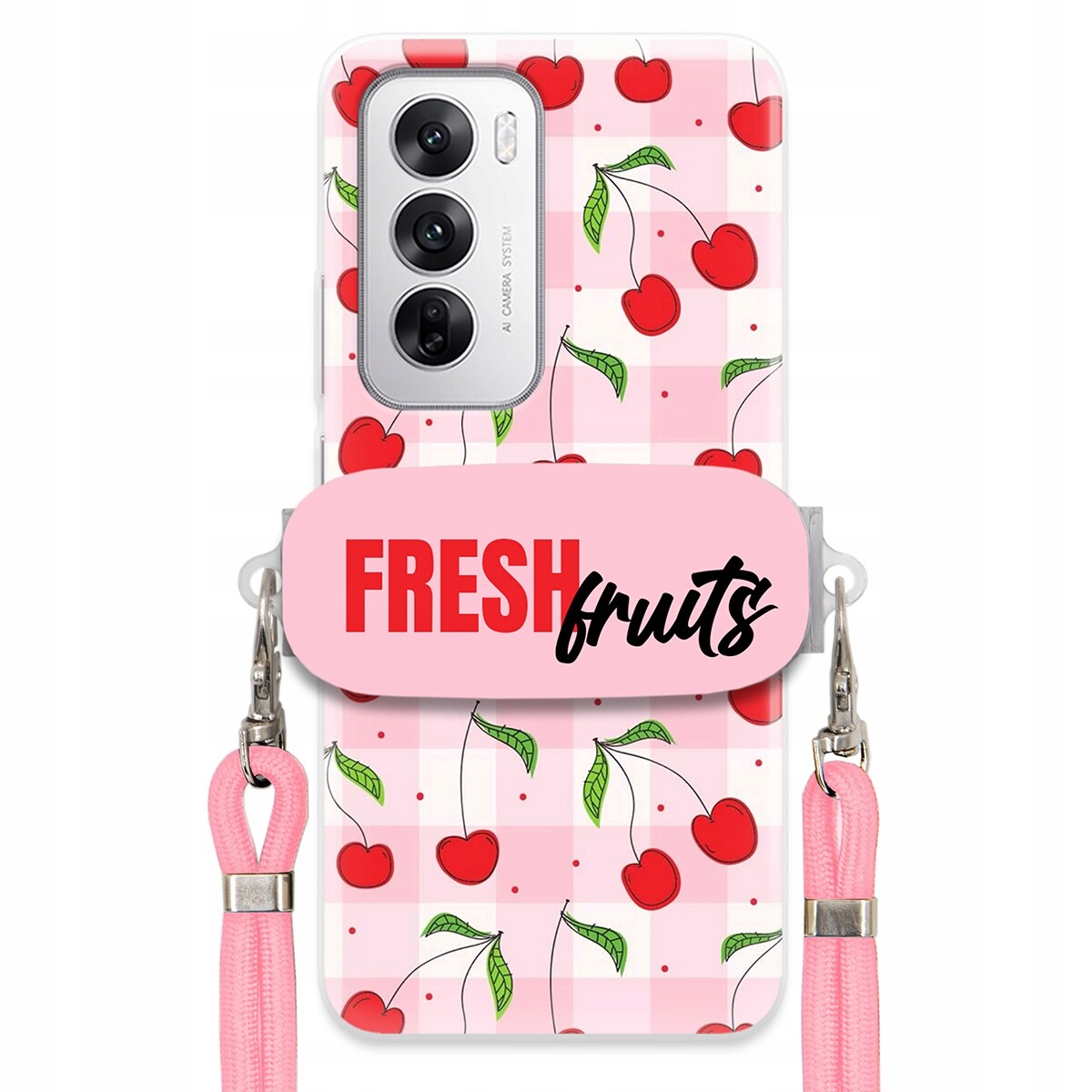 Pouzdro pro Oppo Reno 12 5G Case Držák Šňůrka Růžová Fresh Fruits Mřížka