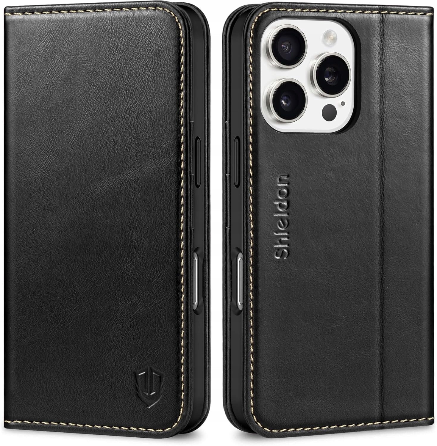 Pouzdro s klopou Kožená peněženka Shieldon pro Apple iPhone 16 Pro Max, černá