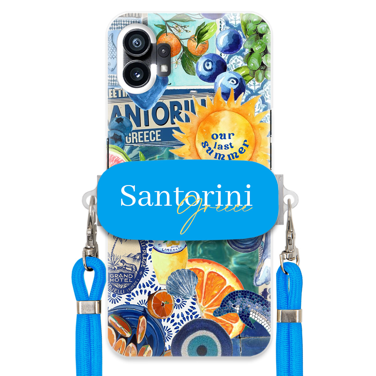 Pouzdro pro Nothing Phone 1 Modré Crossbody vodítko držák Santorini Greece