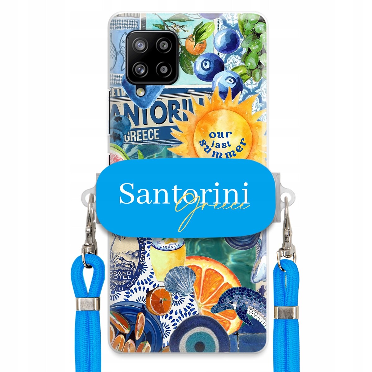 Pouzdro pro Samsung A42 5G Modré Crossbody vodítko držák Santorini Greece