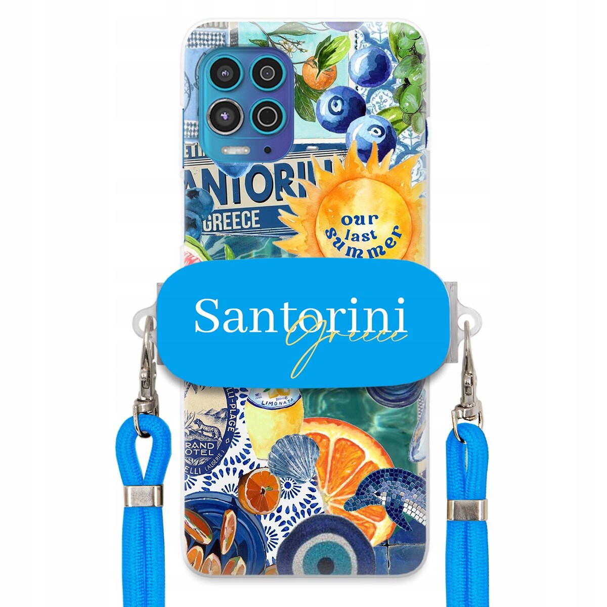 Pouzdro pro Motorola G100 Modré Crossbody vodítko držák Santorini Greece