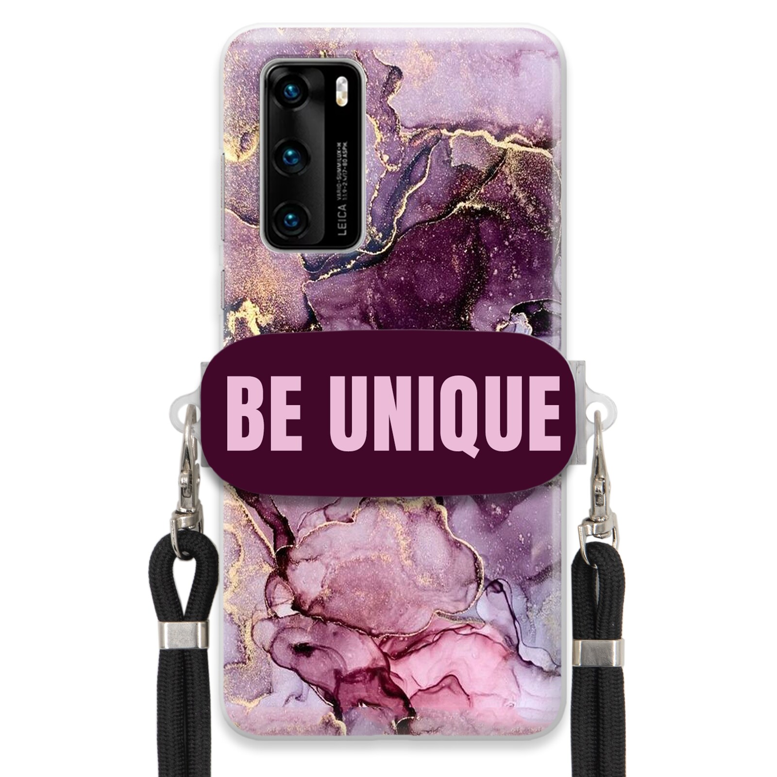 Pouzdro pro Huawei P40 úchytka na šňůrku Černý fialový mramor