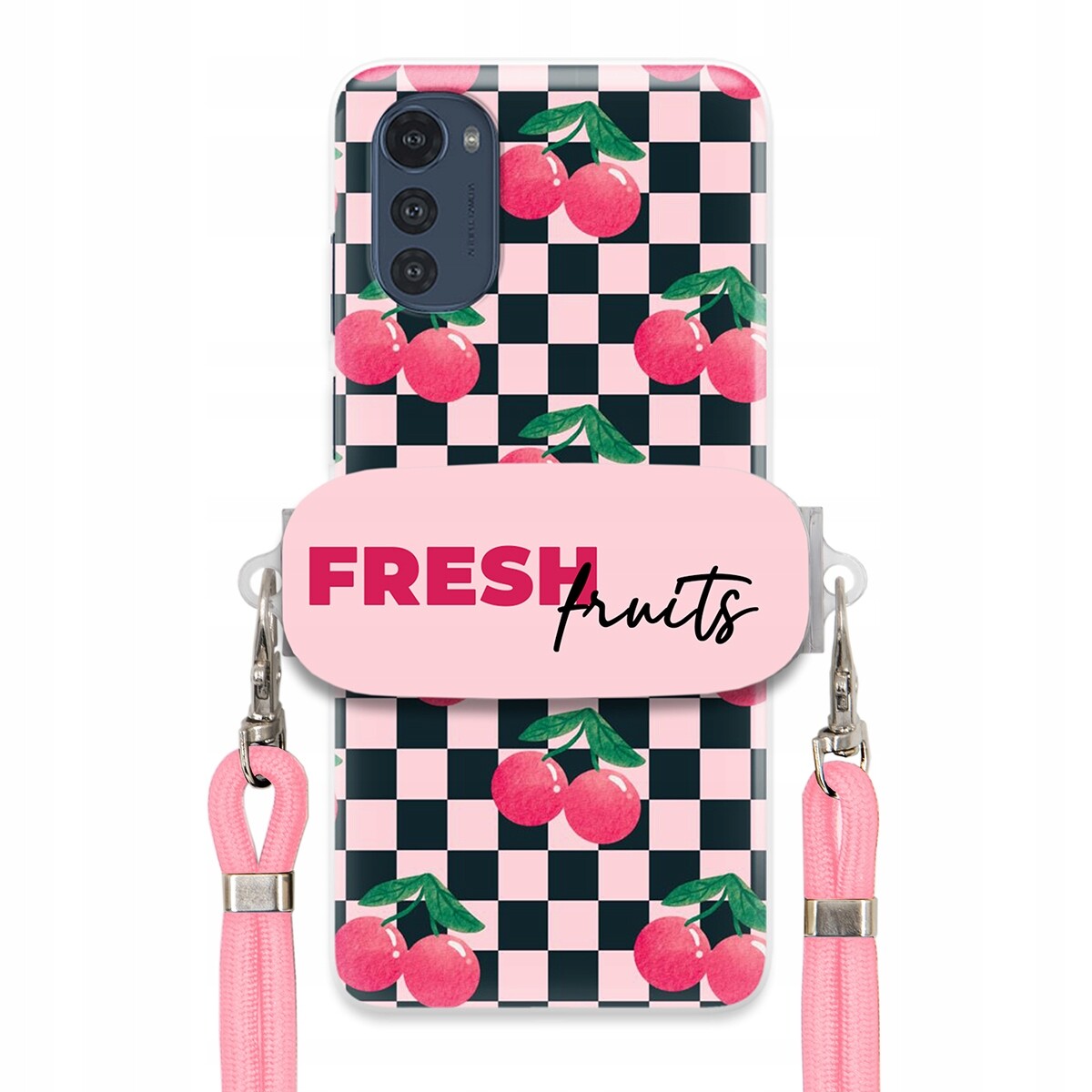Pouzdro pro Motorola E32 Vodítko Pink Crossbody Držák Šachovnice Fresh Fruits