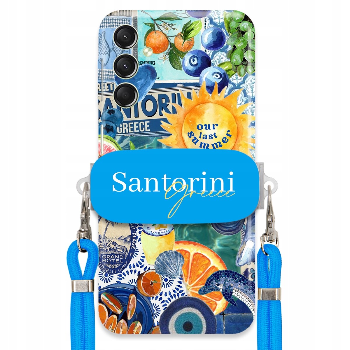 Pouzdro pro Samsung A24 4G Modré Crossbody vodítko držák Santorini Greece