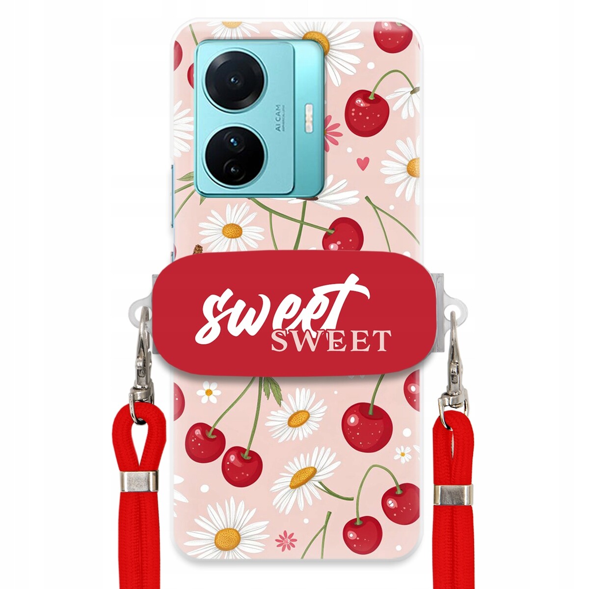 pouzdro na Vivo S15 E Červené vodítko držák Sweet Sweet Višeň a sedmikráska