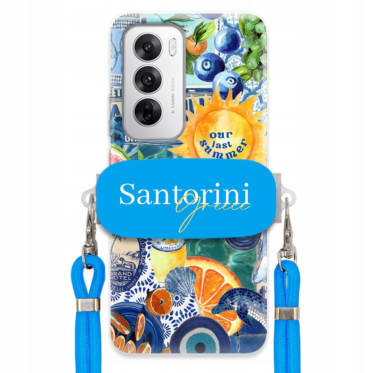 Pouzdro pro Oppo Reno 12 5G Modré Crossbody vodítko Držák Santorini Greece