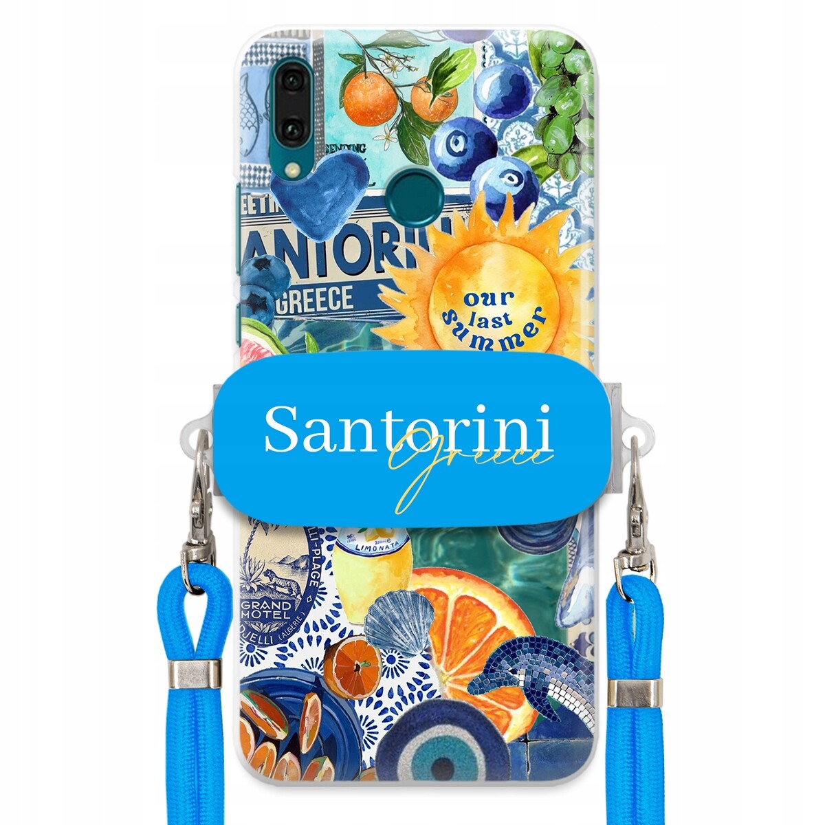 Pouzdro pro Huawei Y9 2019 Modré Crossbody vodítko držák Santorini Greece