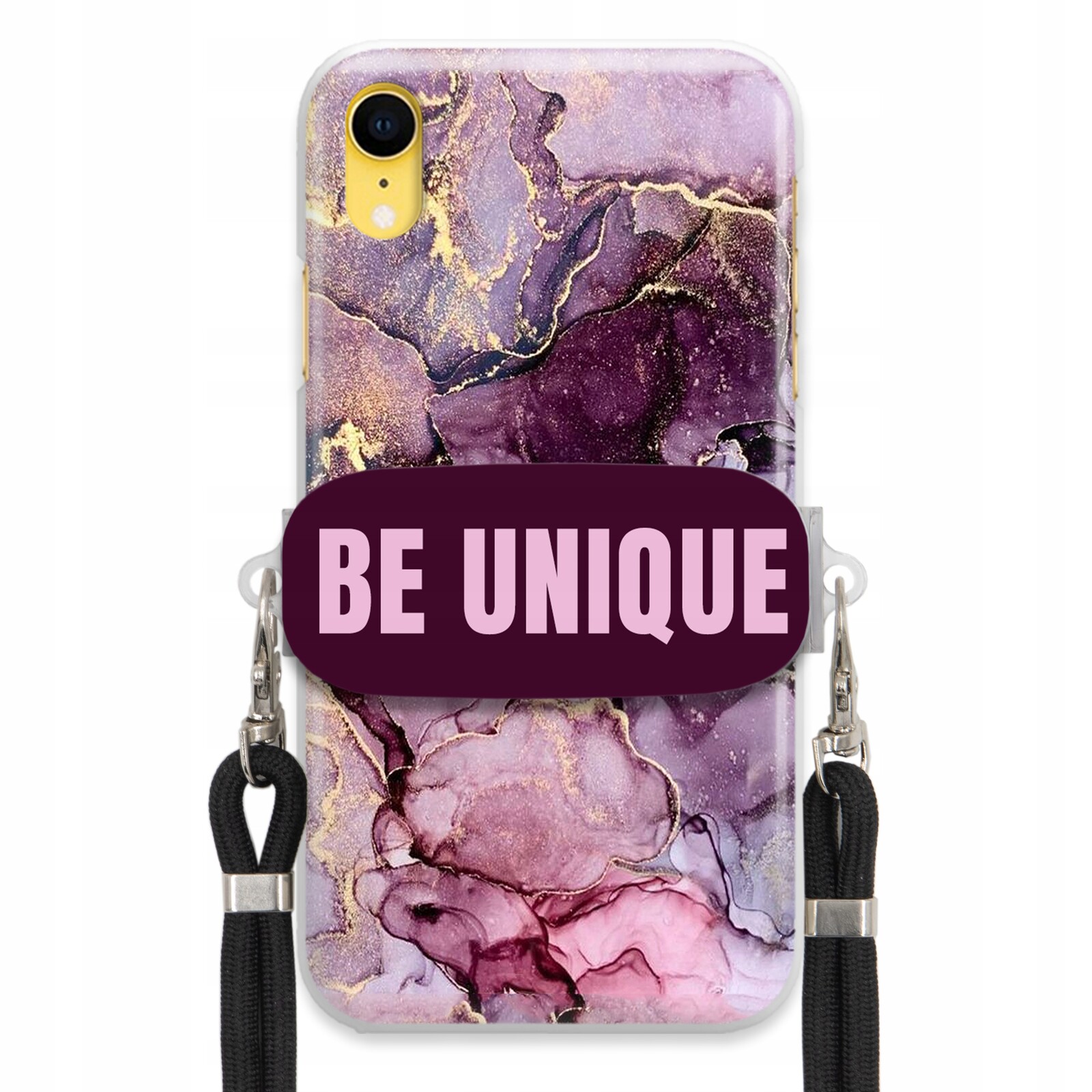 Pouzdro Premium pro iPHONE Xr Case úchytka na šňůrku Černá Fialová Mramorová
