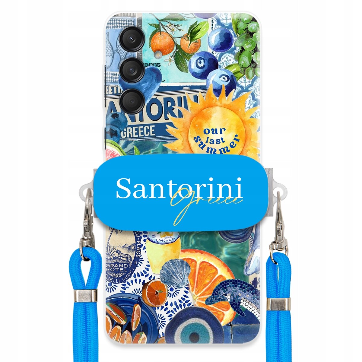 Pouzdro pro Samsung M55 5G Modré Crossbody vodítko držák Santorini Greece