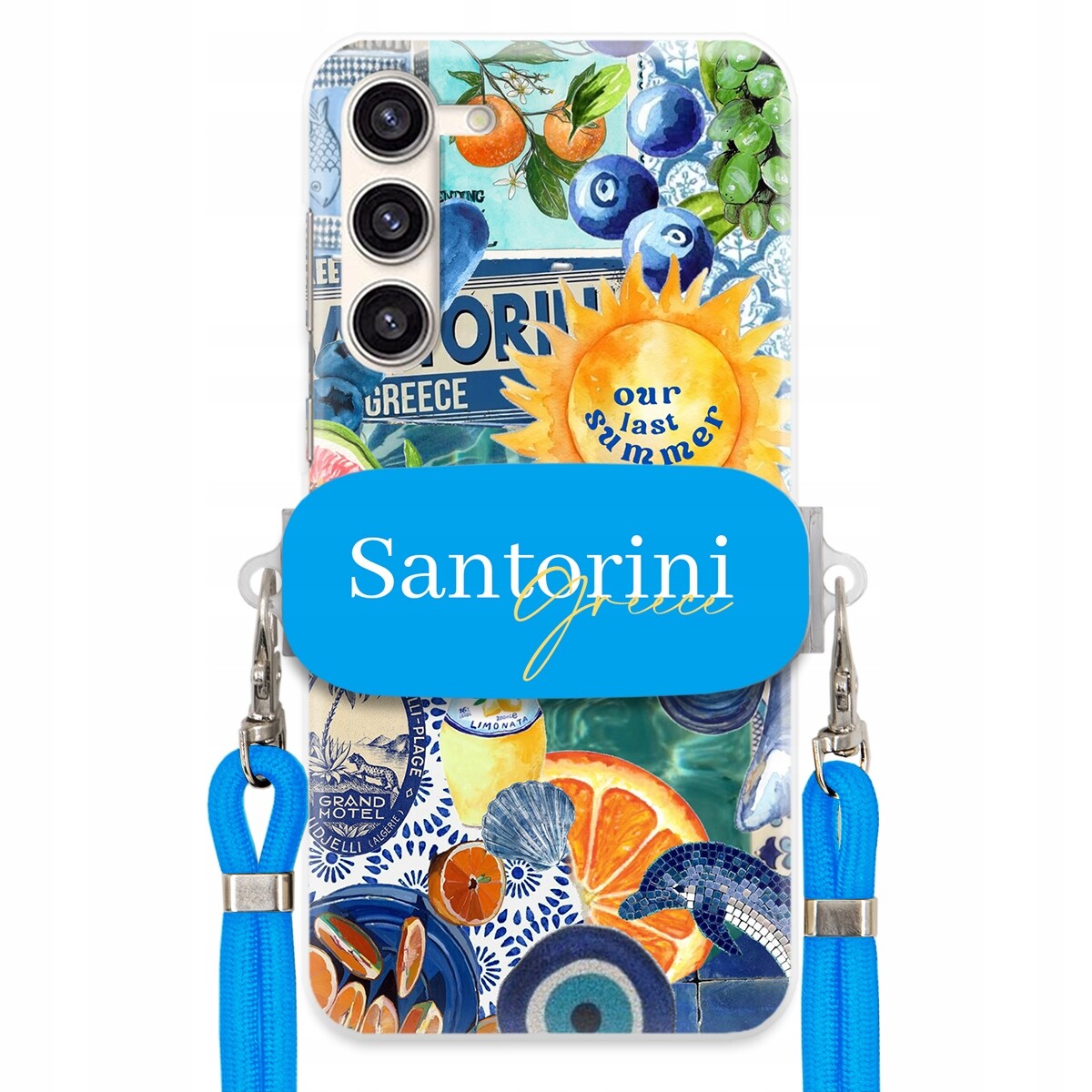 Pouzdro pro Samsung S23 modré vodítko Crossbody držák Santorini Greece