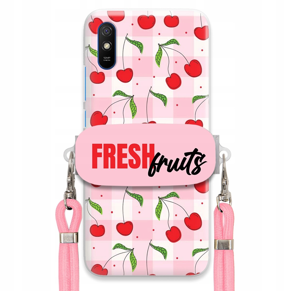 Pouzdro pro Xiaomi Redmi 9AT Case Držák na šňůrku Růžová Fresh Fruits Mřížka