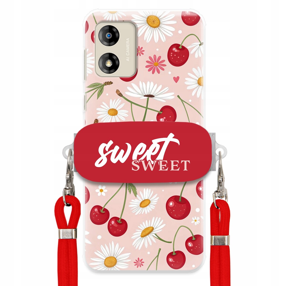 Pouzdro pro Motorola E13 Červené vodítko držák Crossbody Sweet Višňový Květ