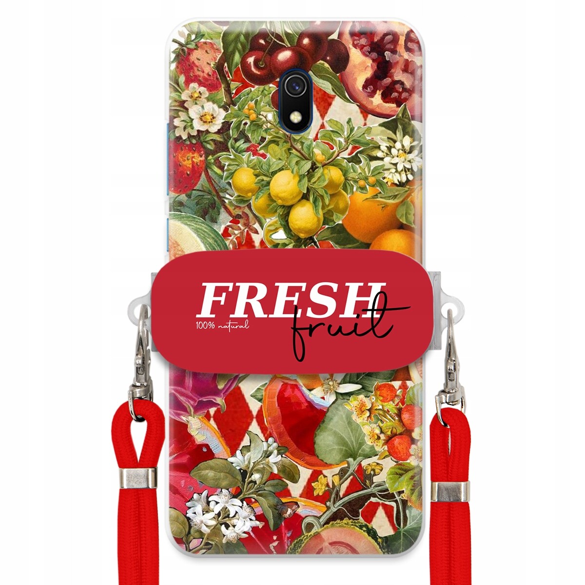 Pouzdro pro Xiaomi Redmi 8A Červené Crossbody vodítko Držák Fresh Fruit Ovoce