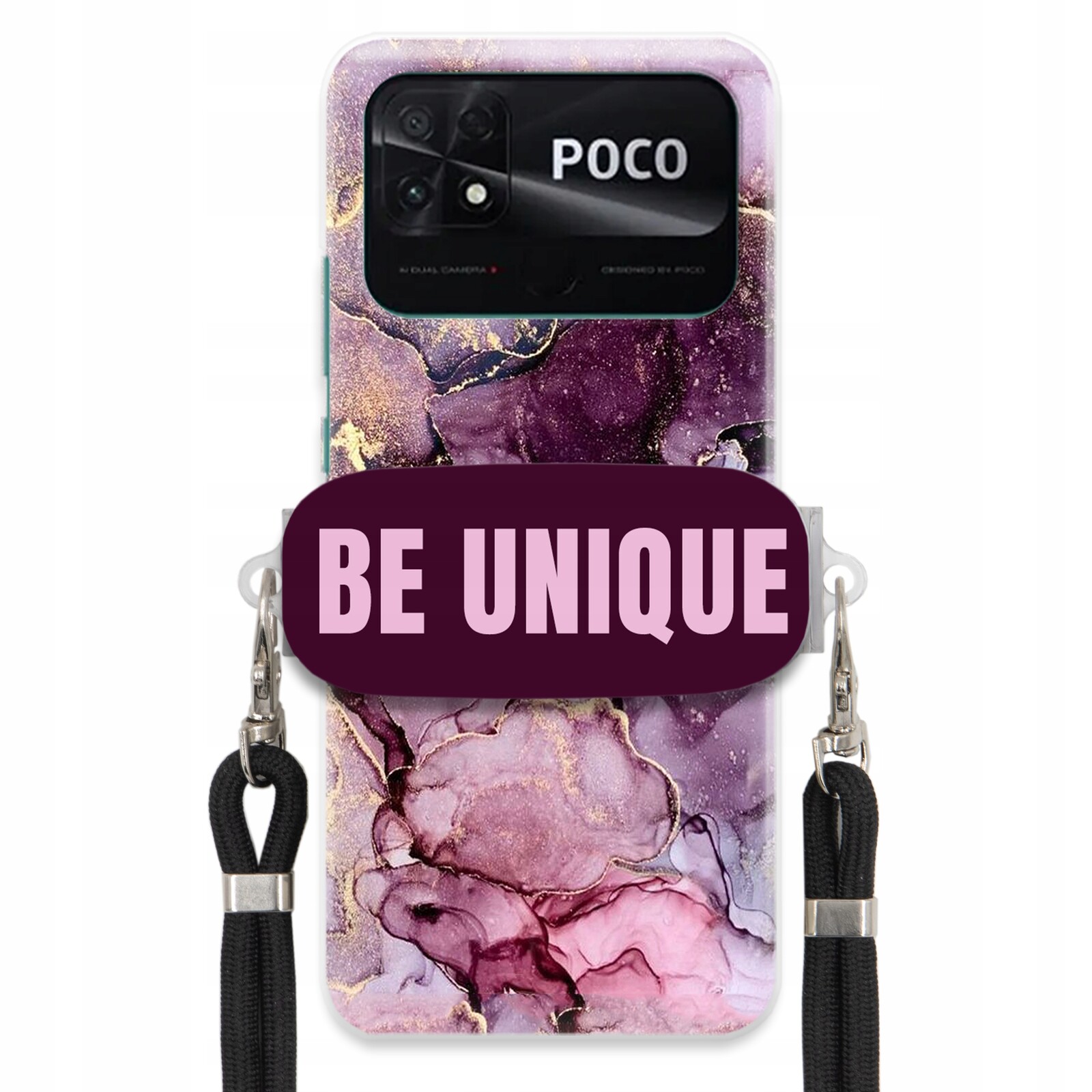 Pouzdro pro Xiaomi Poco C40 úchytka na šňůrku Černá Fialová Mramorová Be Unique