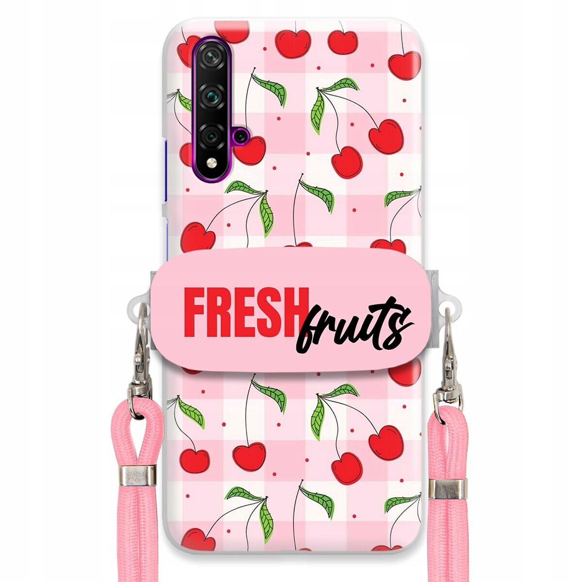 Pouzdro pro Huawei Nova 5 Case Držák Šňůrka Růžová Fresh Fruits Mřížka