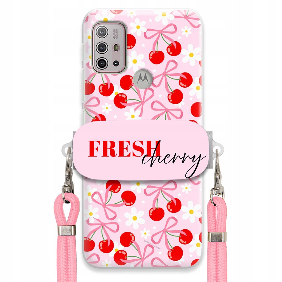 Pouzdro pro Motorola G20 Case Držák Šňůrka Růžová Fresh Cherry Kokardy