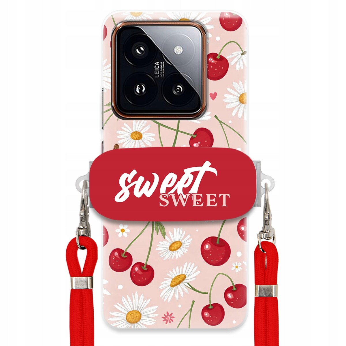 Pouzdro pro Xiaomi 14 Pro Červené vodítko držák Crossbody Sweet Višňový Květ