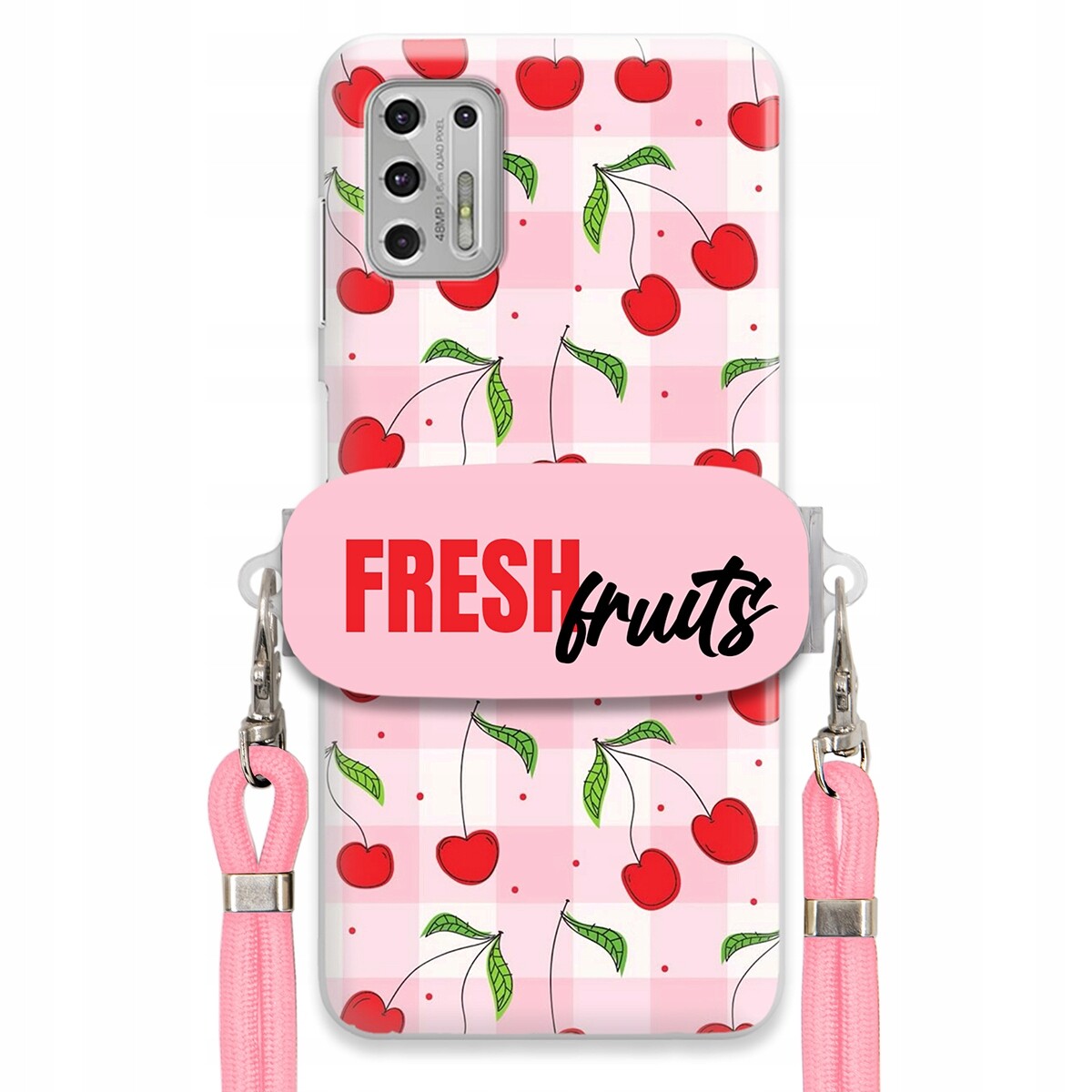 Pouzdro pro Motorola G Stylus 2021 Držák Šňůrka Růžová Fresh Fruits Mřížka