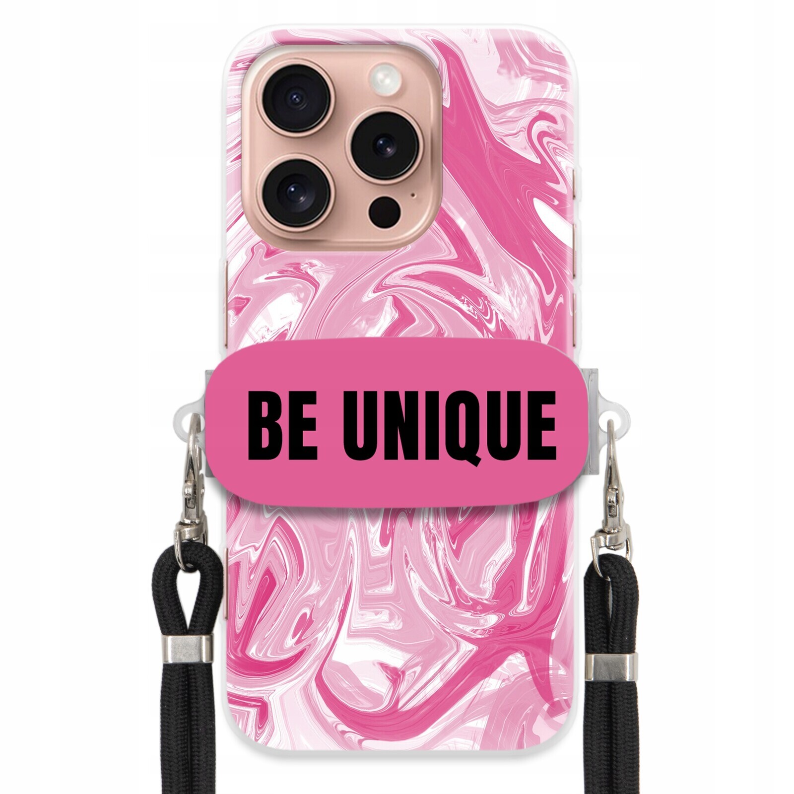 Pouzdro pro iPhone 16 Pro Case Uchytka Šňůrka Černá Růžová Mramor Be Unique