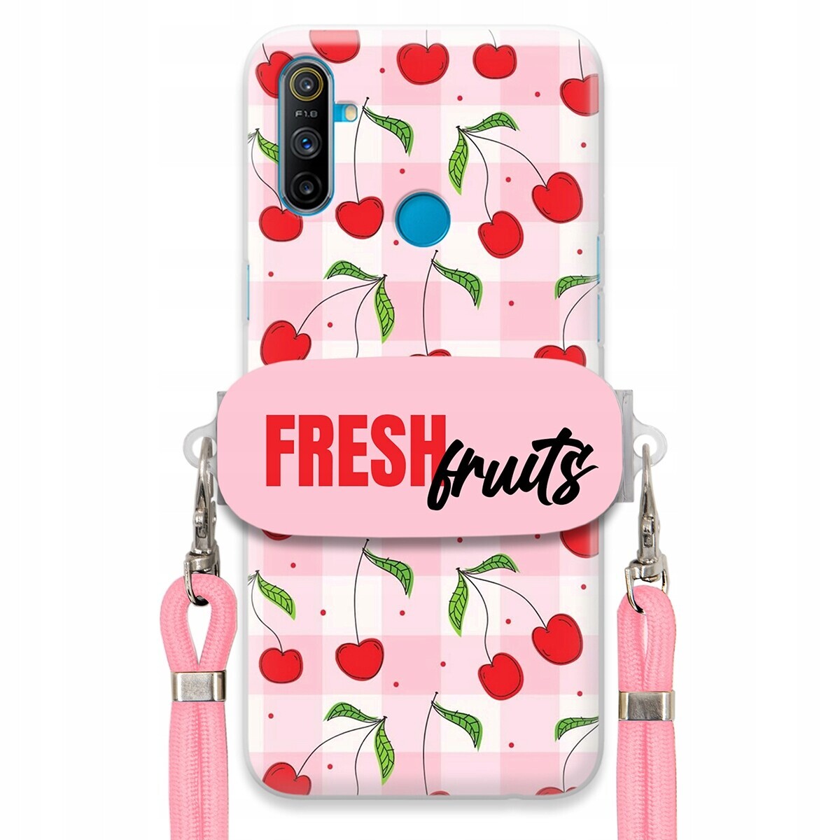 Pouzdro pro Realme C3 Case Držák Šňůrky Růžová Fresh Fruits Mřížka Ovoce