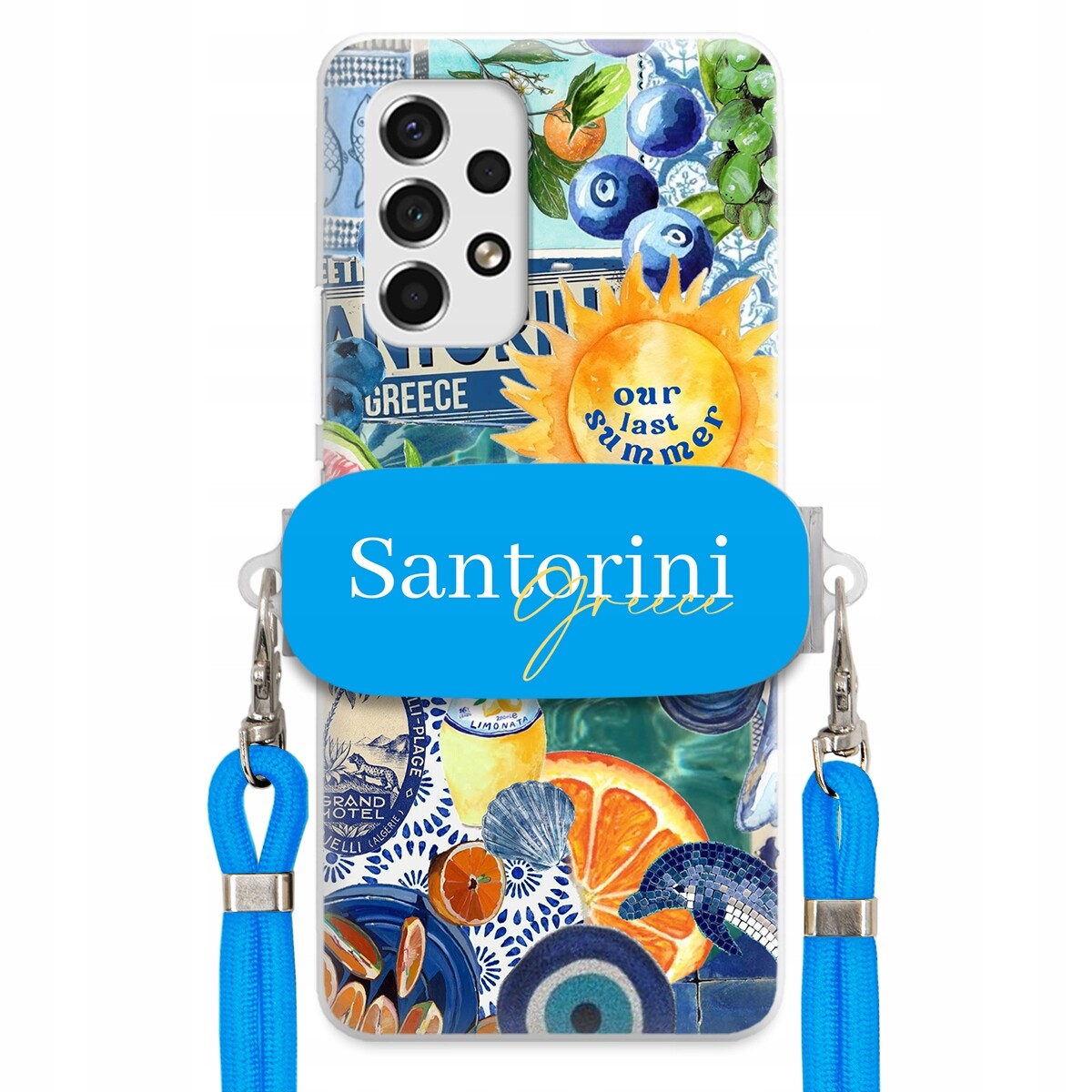 Pouzdro pro Samsung A53 5G Modré Crossbody vodítko držák Santorini Greece
