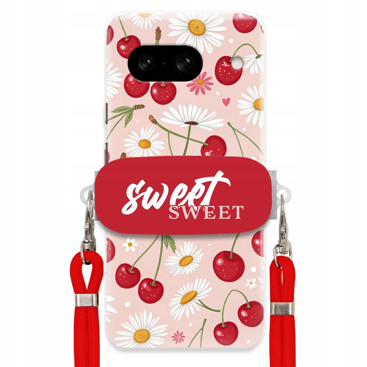 Pouzdro pro Google Pixel 8 Červené vodítko držák Crossbody Sweet Višňový Květ
