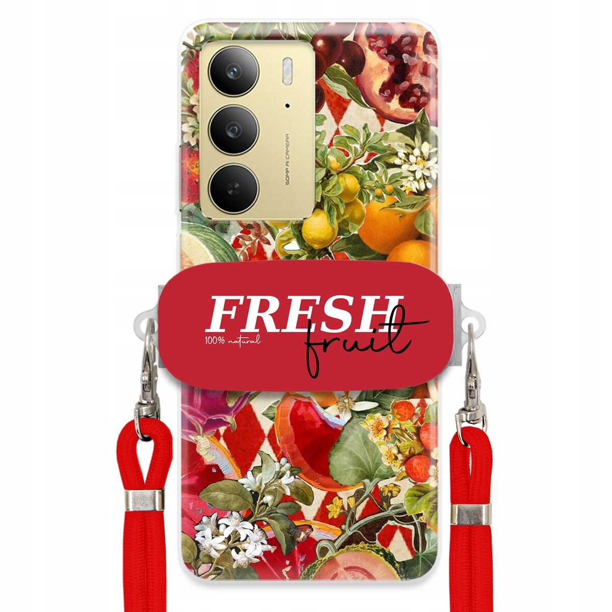 Pouzdro pro Realme C75 4G Červené Crossbody vodítko Držák Fresh Fruit Ovoce