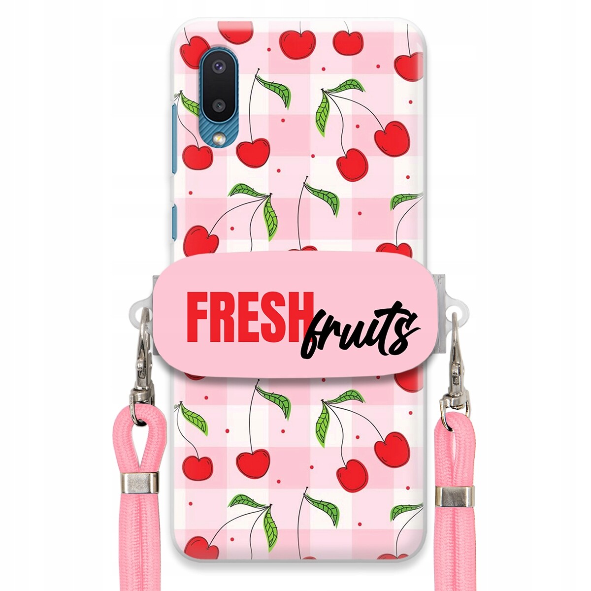 Pouzdro pro Samsung M02 Case Držák Šňůrka Růžová Fresh Fruits Mřížka Ovoce