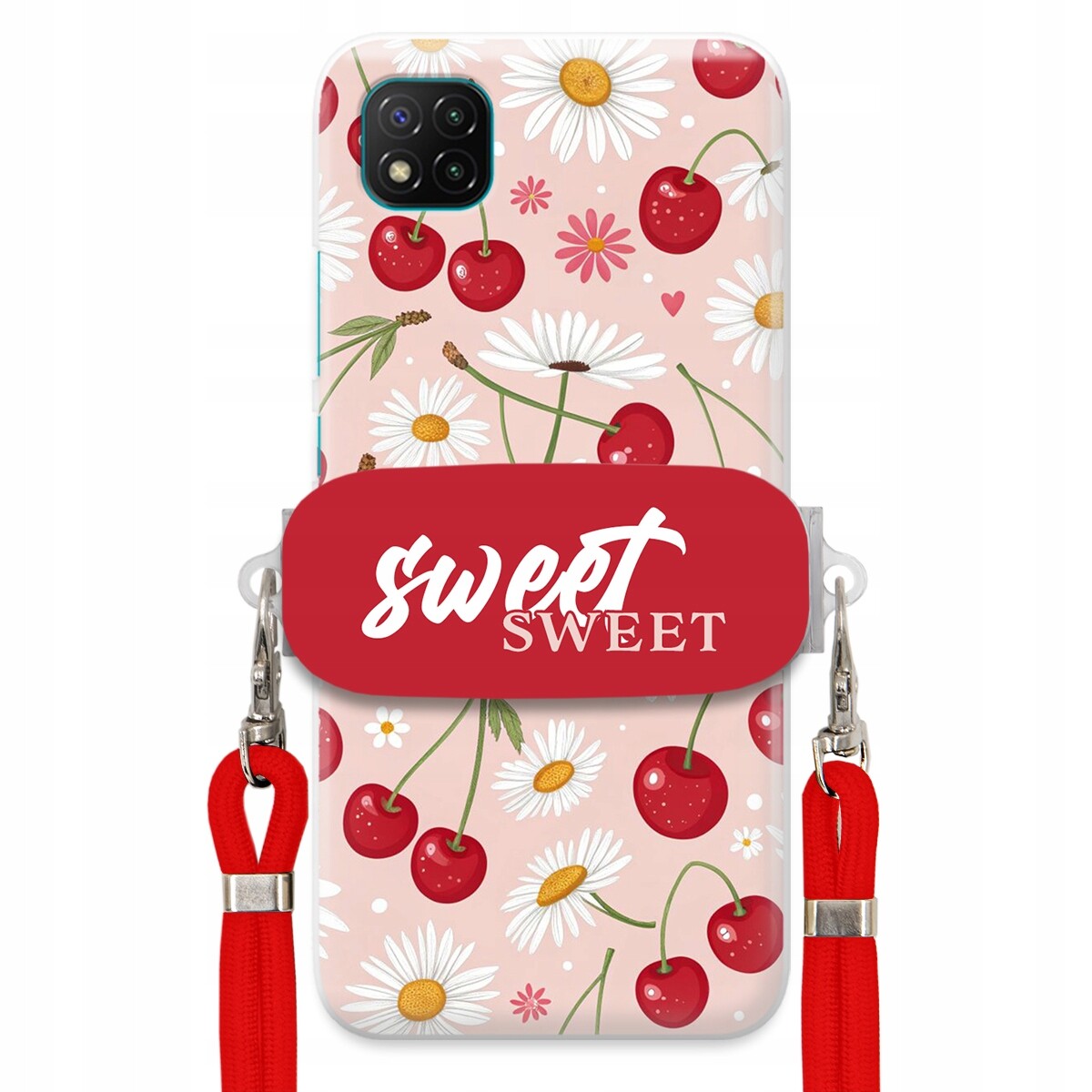 Pouzdro pro Xiaomi Poco C3 Červené vodítko držák Crossbody Sweet Višňový Květ