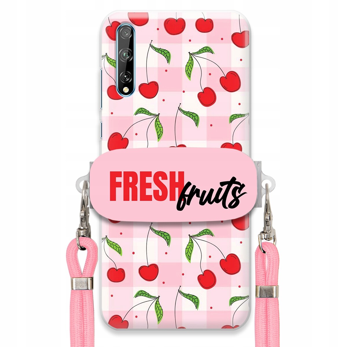 Pouzdro pro Huawei Y8P Case Držák Šňůrka Růžová Fresh Fruits Mřížka Ovoce