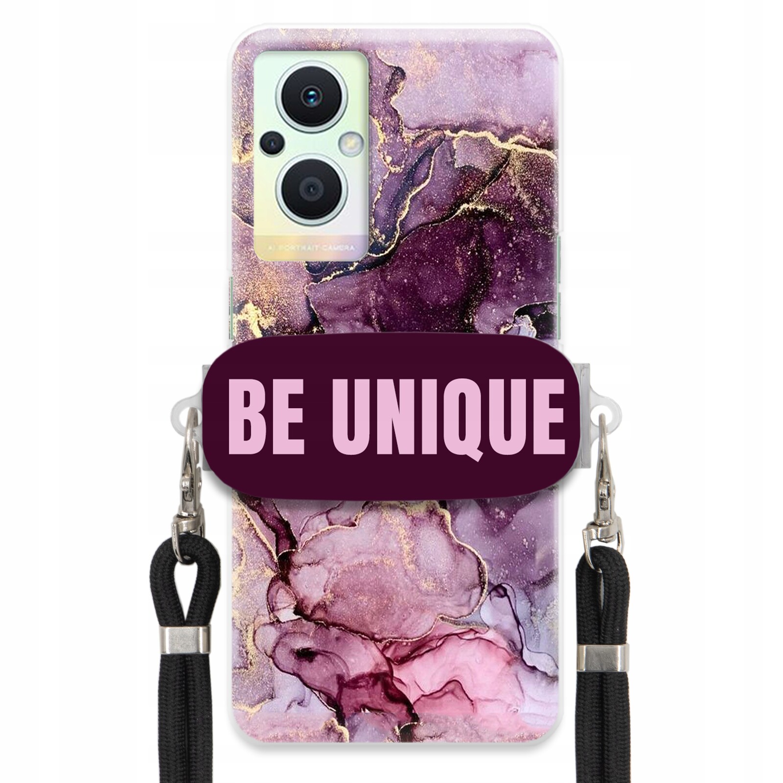 Pouzdro pro Oppo Reno 8 Lite úchytka na šňůrku Černá Fialová Mramor Be Unique