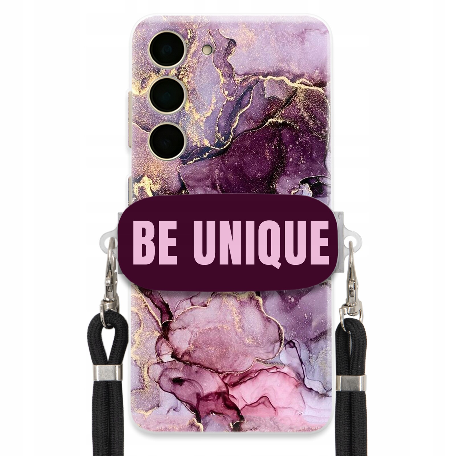 Pouzdro pro Samsung S24 Case úchytka na šňůrku, černý fialový mramor