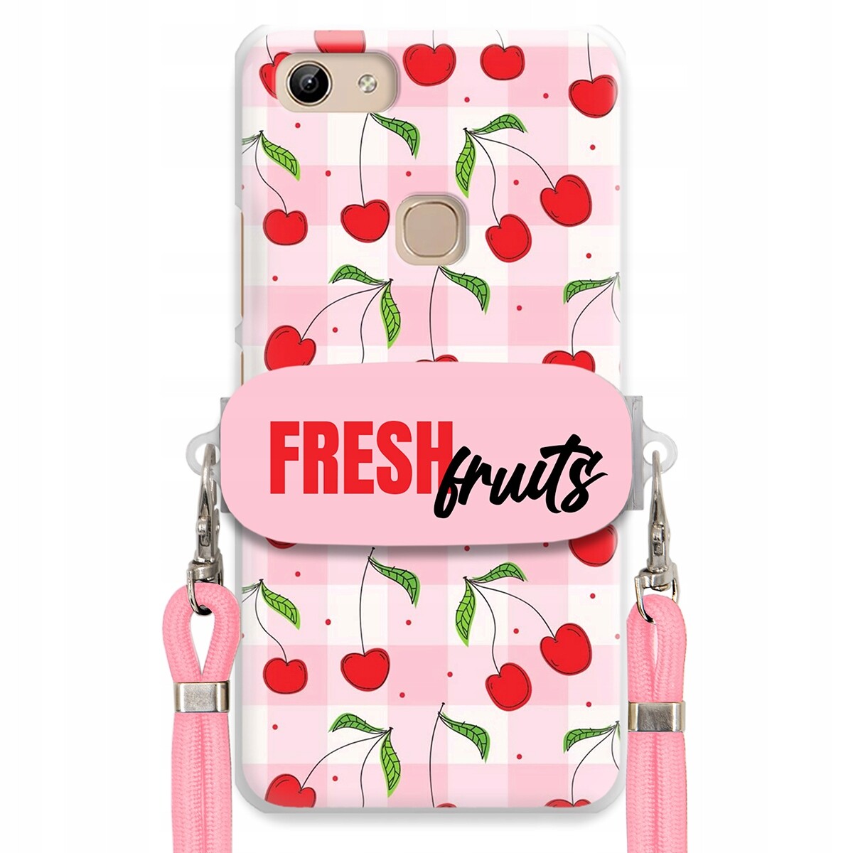 pouzdro na Vivo Y81 Case Držák Šňůrka Růžová Fresh Fruits Mřížka Ovoce