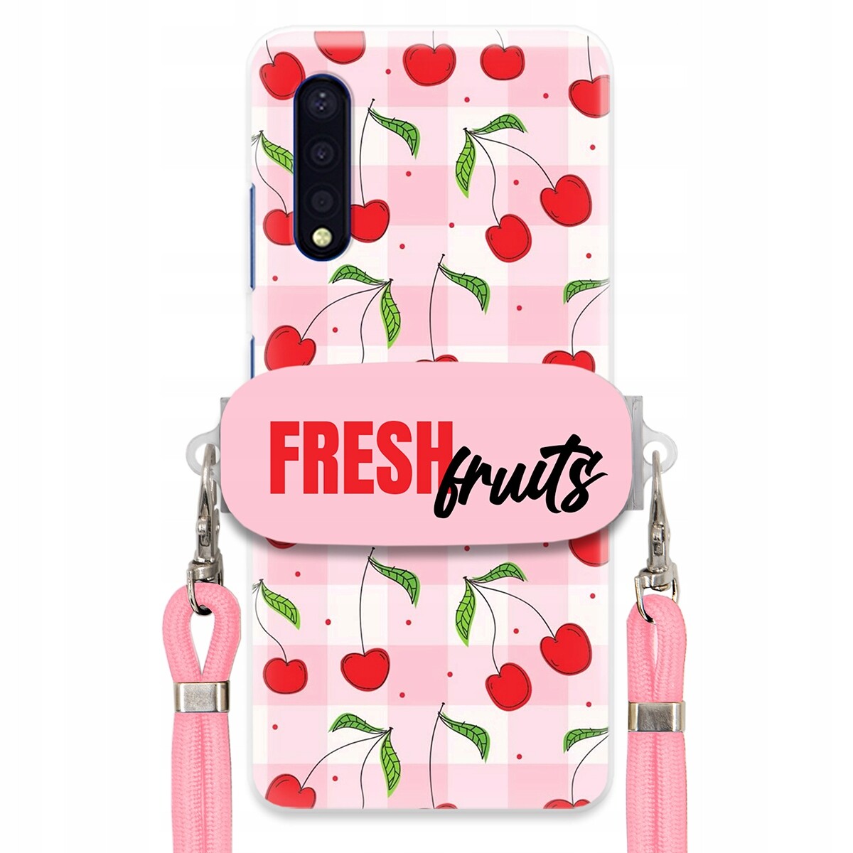 Pouzdro pro Samsung A41s Case Držák Šňůrka Růžová Fresh Fruits Mřížka Ovoce