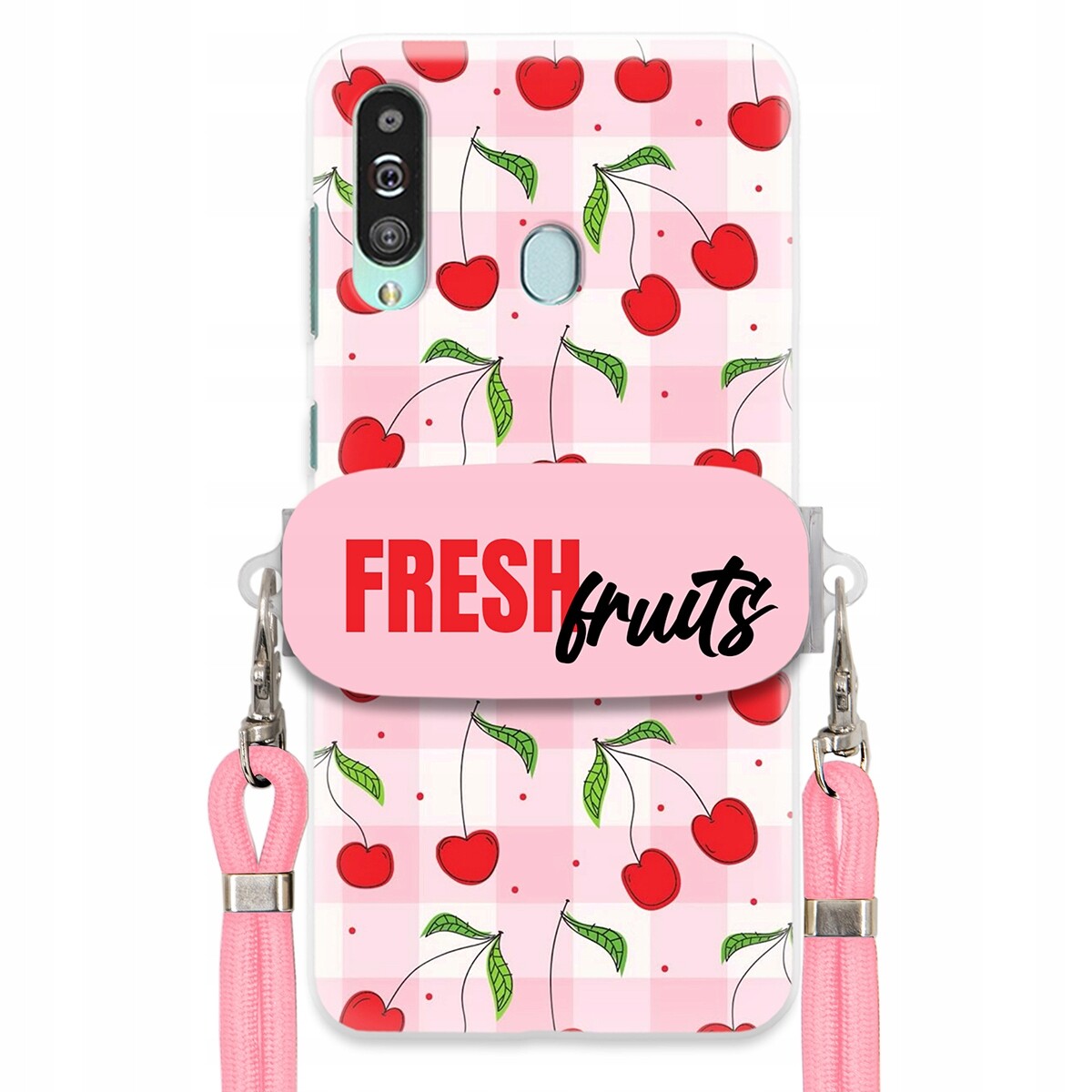 Pouzdro pro Samsung A60 Case Držák Šňůrka Růžová Fresh Fruits Mřížka Ovoce