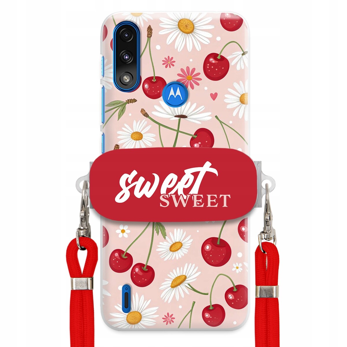 Pouzdro pro Motorola E7 Power Červené vodítko držák Sweet Sweet Višňový Květ