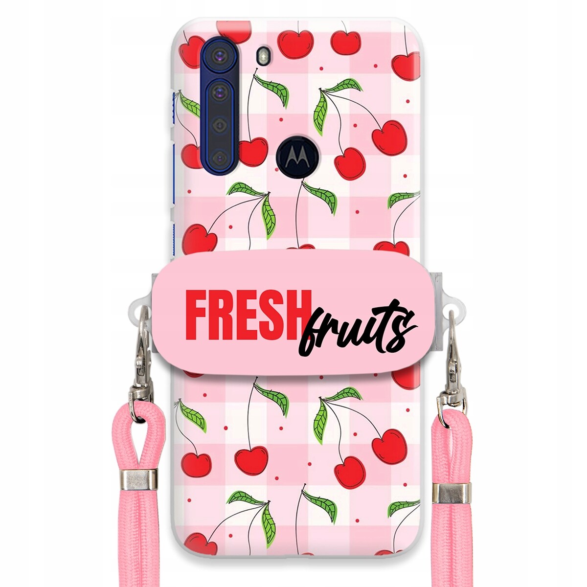 Pouzdro pro Motorola One Fusion Case Držák Šňůrka Růžová Fresh Fruits Mřížka