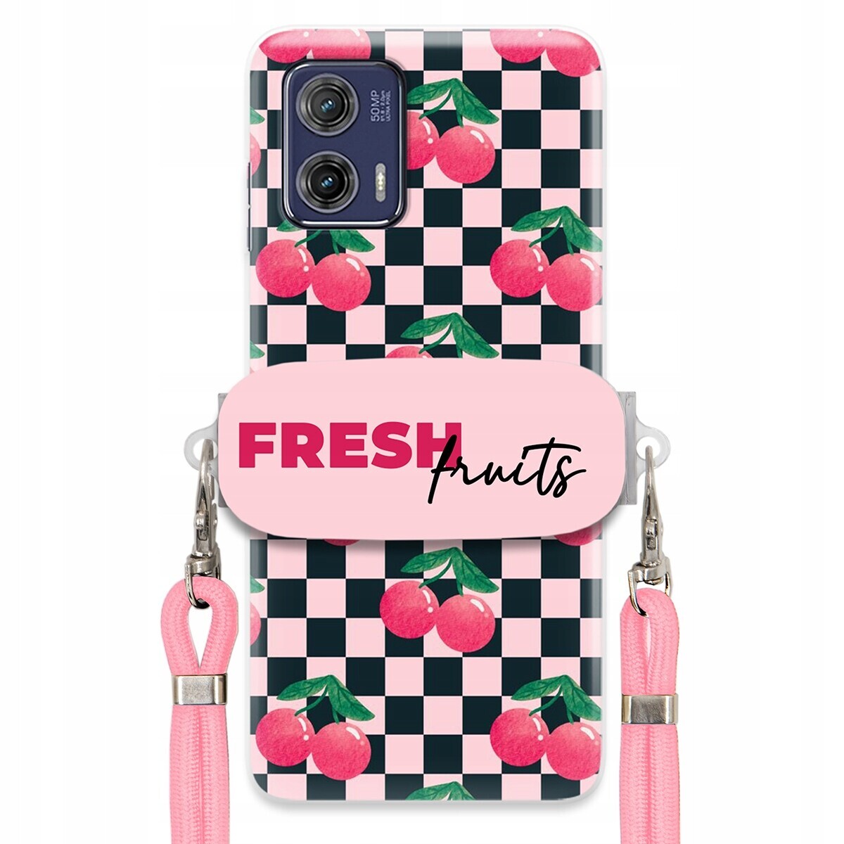 Pouzdro pro Motorola G73 Vodítko Pink Crossbody Držák na šachovnici Fresh Fruits