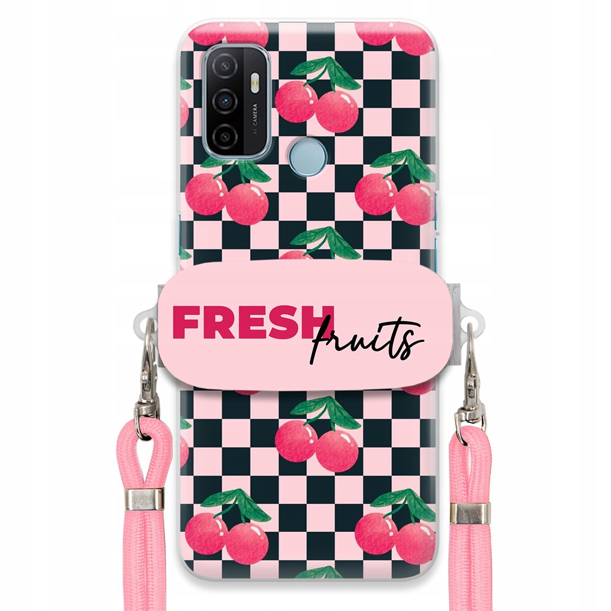 Pouzdro pro Oppo A53s Vodítko Pink Crossbody Funkční rukojeť Fresh Fruits
