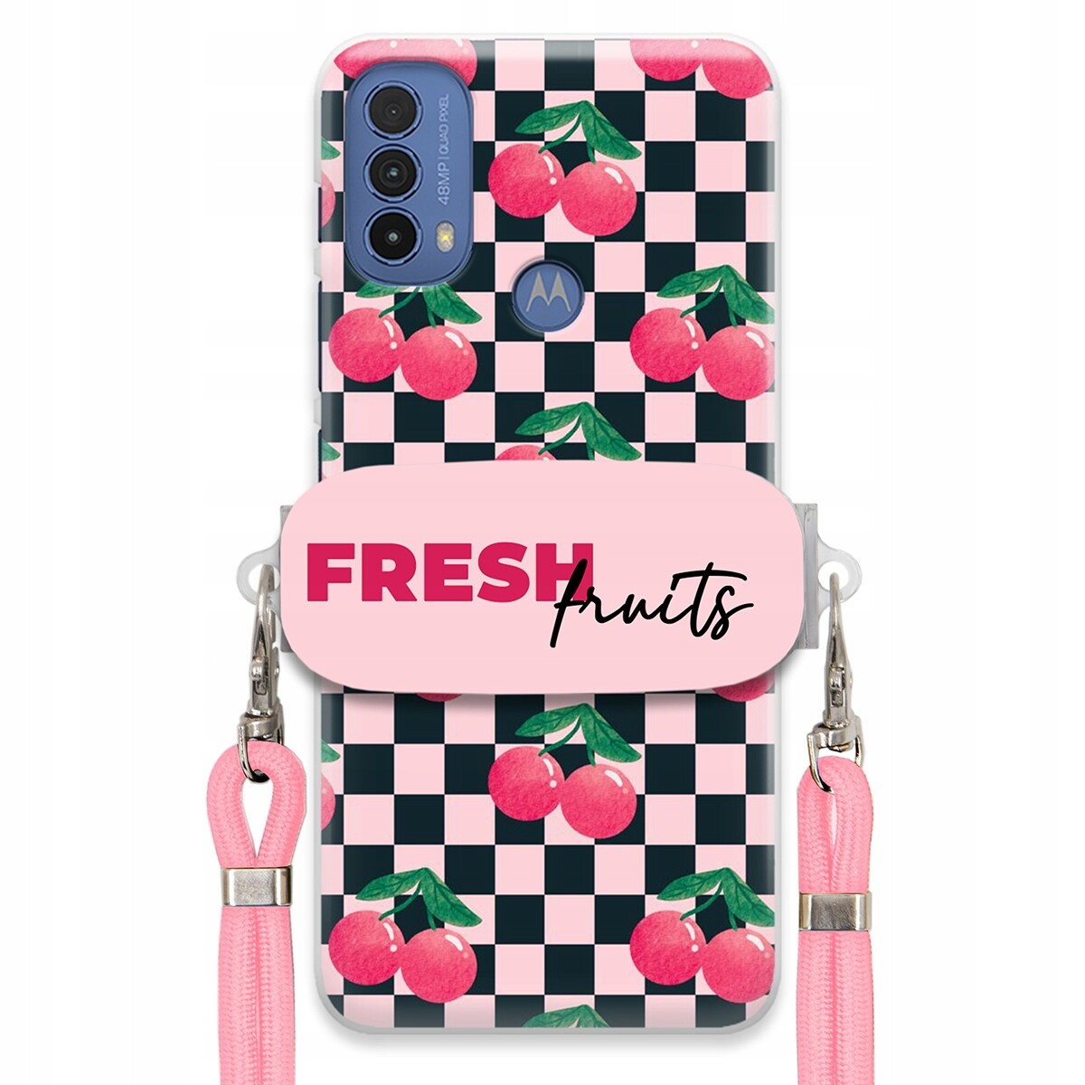Pouzdro pro Motorola E30 Vodítko Pink Crossbody Držák na šachovnici Fresh Fruits