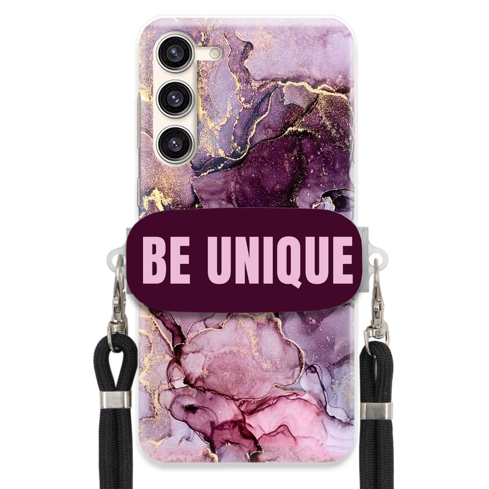 Pouzdro pro Samsung S23 Plus úchytka pro šňůrku Černá Fialová Mramor Be Unique