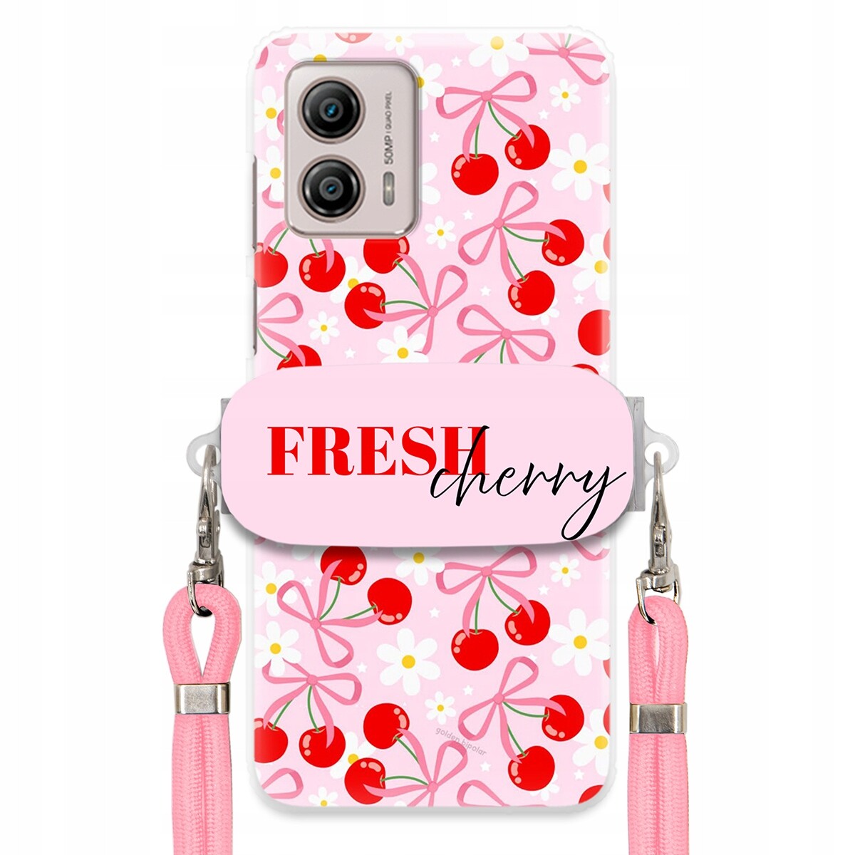 Pouzdro pro Motorola G53 Case Držák Šňůrka Růžová Fresh Cherry Kokardy