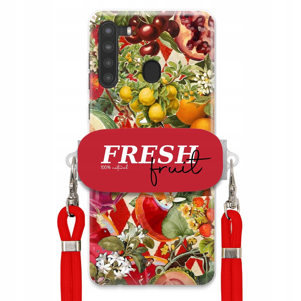 Pouzdro pro Samsung A21 Červené Crossbody vodítko Držák Fresh Fruit Ovocné