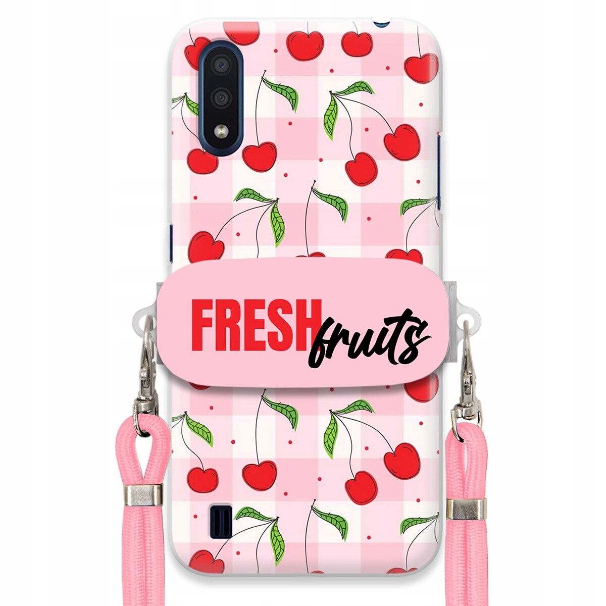Pouzdro pro Samsung M01 Case Držák Šňůrka Růžová Fresh Fruits Mřížka Ovoce