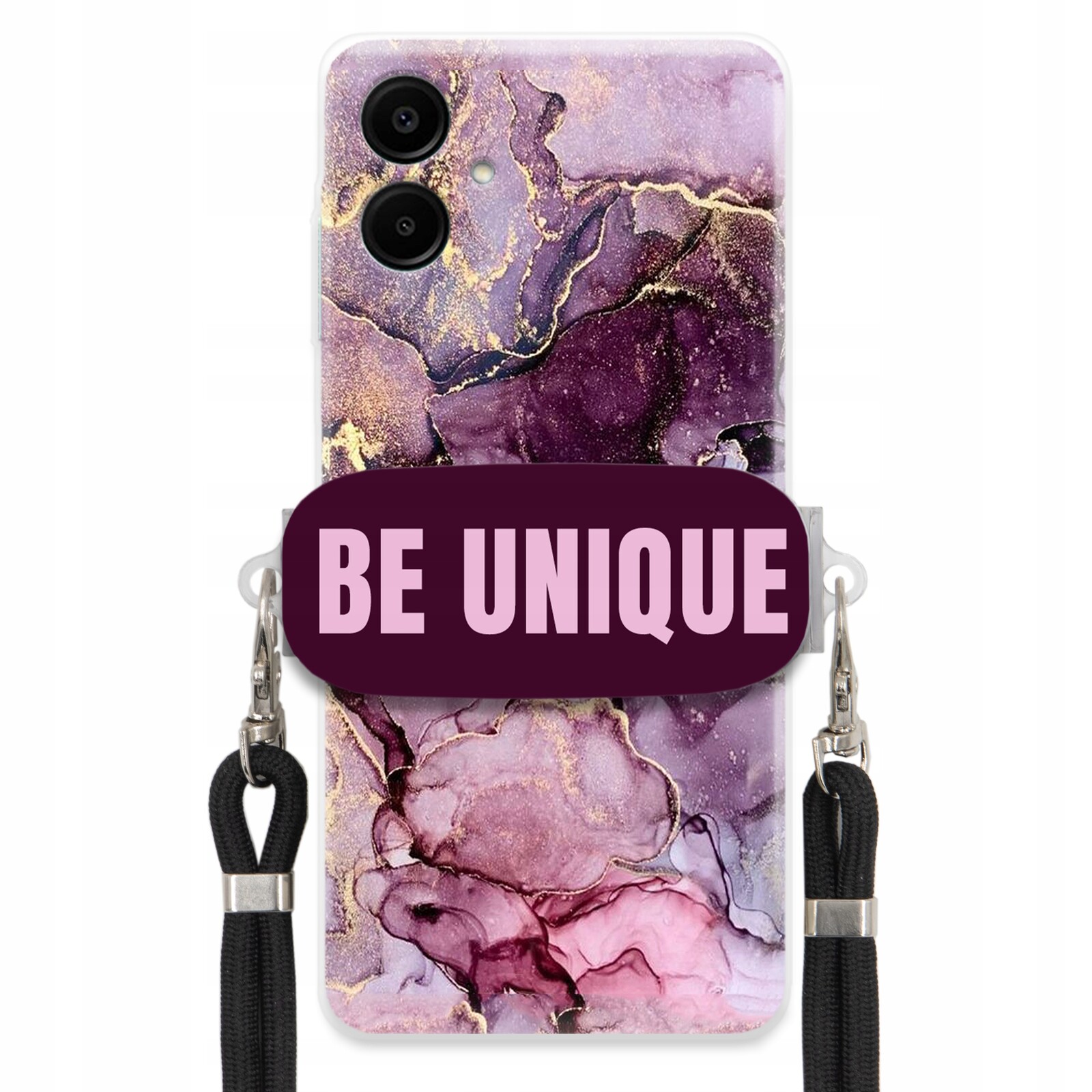 Pouzdro pro Samsung A06 úchytka na šňůrku, černý fialový mramor