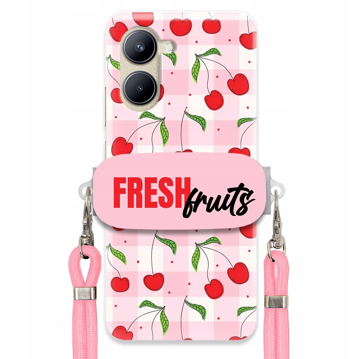 Pouzdro pro Realme C33 Case Držák Šňůrka Růžová Fresh Fruits Mřížka Ovoce
